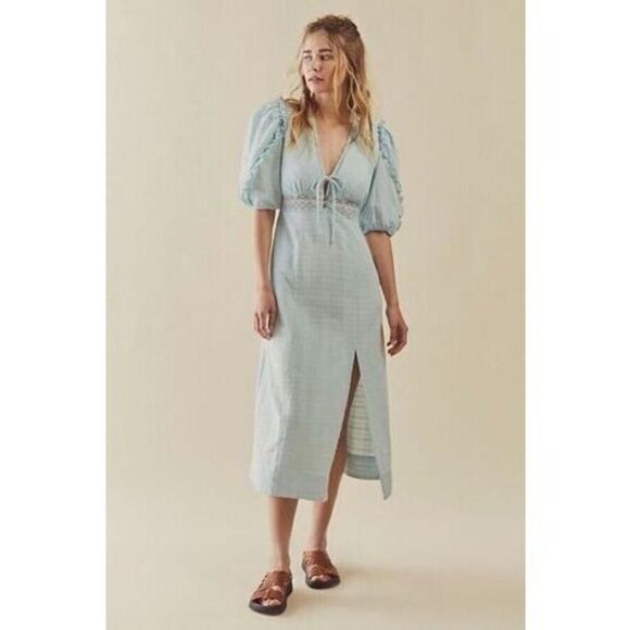 Free People Slow Pace Midi Dress Romantic Ruffles Femme Puff Sleeve Blue L NWT - Picture 1 of 4